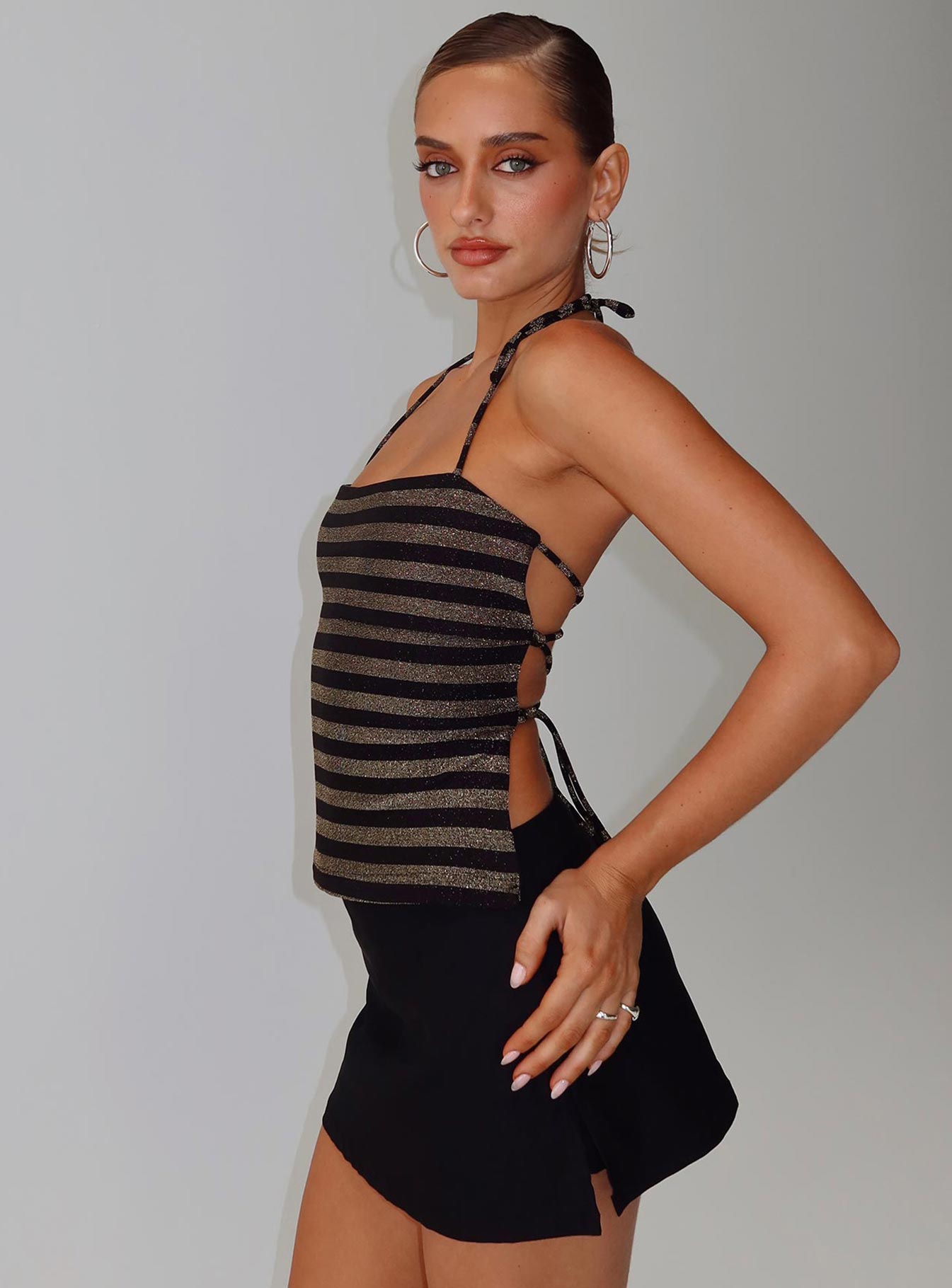 The Player Backless Tie Neck Top Gold / Black Stripe